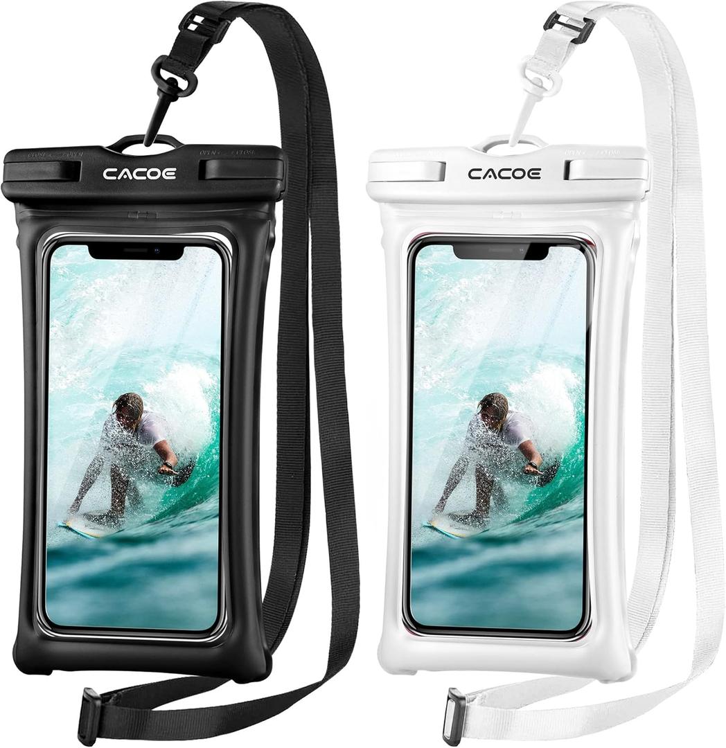 CACOE [Floatable] Floating Universal Waterproof Phone case 2 Pack-Up to 7.0",Phone Pouch with Adjustable Neck Lanyard,IPX8 Cellphone Dry Bags for Vacation Water ActivitiesBlack+White