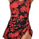One Piece Swim Dress Swimsuits for Women Tummy Control Swimdress Skirt V Neck Bathing Suit (X-Large, Black Red Printed)