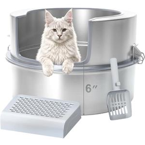 Stainless Steel Cat Litter Box with Lid, Extra Large 11.8" High Side Round Metal Litter Pan with Litter Scoop & Litter Box Step, Durable, Odor Control, Easy Clean for XL/XXL Big Cats & Multi-Kitty