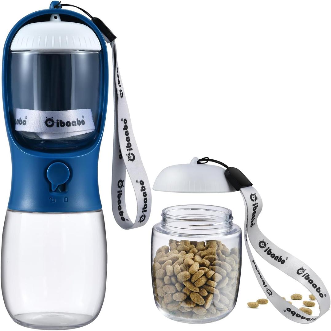 Dog Water Bottle with Food Container, Travel Puppy Water Bowl, Portable Pet Dispenser, Dog Stuff Accessories Items, Puppy Essentials Necessities for Yorkie Chihuahua Cat Walking and Hiking (10oz, #03 Dark Blue)