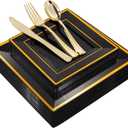 WDF 125Pieces Black Square Plastic Plates with Gold Rim Gold Disposable Silverware - include 25Pcs Dinner Plates,25Pcs Dessert Plates,25 Forks, 25 Knives, 25 Spoons for New Year