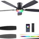 54inch Ceiling fans with Lights, Low Profile RGB Ceiling fan with Light and Remote/App Control, Dimmable, DC Reversible Motor, Noiseless, 6 Speeds, Black Ceiling Fan For Bedroom Indoor Outdoor