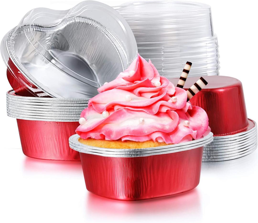 20 Sets Aluminum Foil Cake Pan Heart Shaped Cupcake Cup with Lids 100 Ml/ 3.4 Ounces Disposable Mini Cupcake Cup Baking Cups for Valentine Mother's Day Wedding Xmas Birthday(Red)