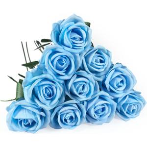 10 PCS Artificial Roses with Long Stems Silk Flowers Realistic Foam Flowers Fake Roses for Valentine's Day Home Wedding Decor(Light Blue)