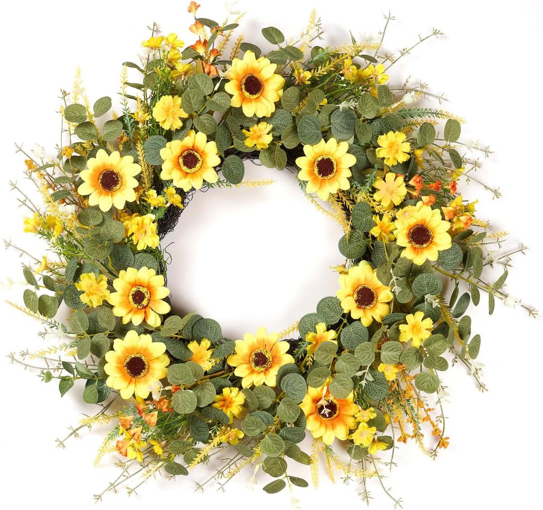 24" Sunflower Wreath for Front Door - Artificial Floral Lush Summer Wreath with Adjustable Headband & DIY Decor for Wall, Home, Wedding, Party (Yellow)