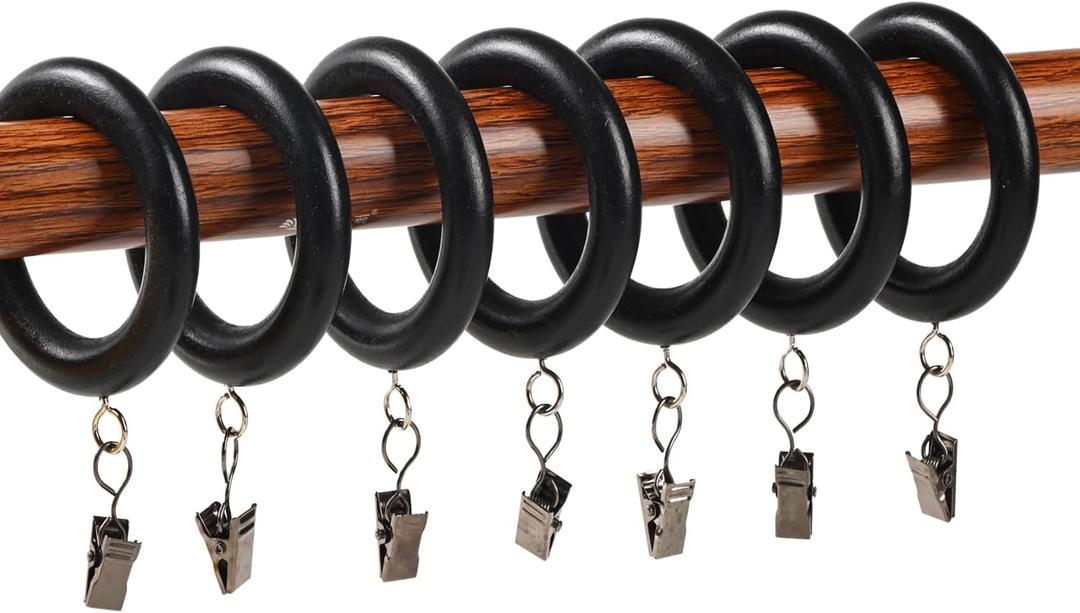 Wood Curtain Rings with Clips,12 Pieces 2.75 Inch Wooden Drapery Curtain Rod Rings for 1.7 inch Rod Pole Farmhouse Drapery Clips,Natural Beech Wood(Black, 1.81 INCH Inner Dia)