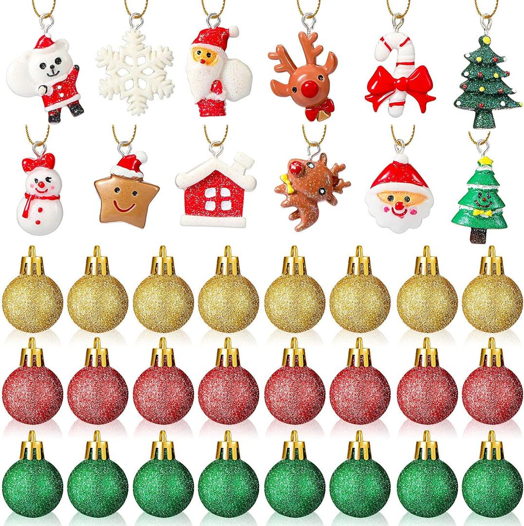 Skylety 36 Pieces Christmas Mini Glitter Glass Resin Ornaments Set Small Resin Xmas Hanging Ornaments Miniature Balls Tree for Christmas Tree Decoration(Gold, Red, Green)