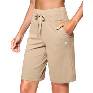 SANTINY Women's Bermuda Long Shorts with Pockets Drawstring High Waisted Athletic Knee Length Shorts for Women Workout (Beige, XXL)