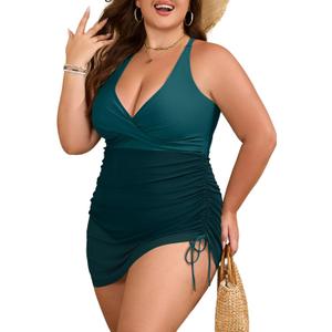 B2prity Women's Plus Size One Piece Swimdress Swimsuit Tummy Control Slimming Swim Dress Mesh Drawstring Skirted Bathing Suit (Blue, XXXL)