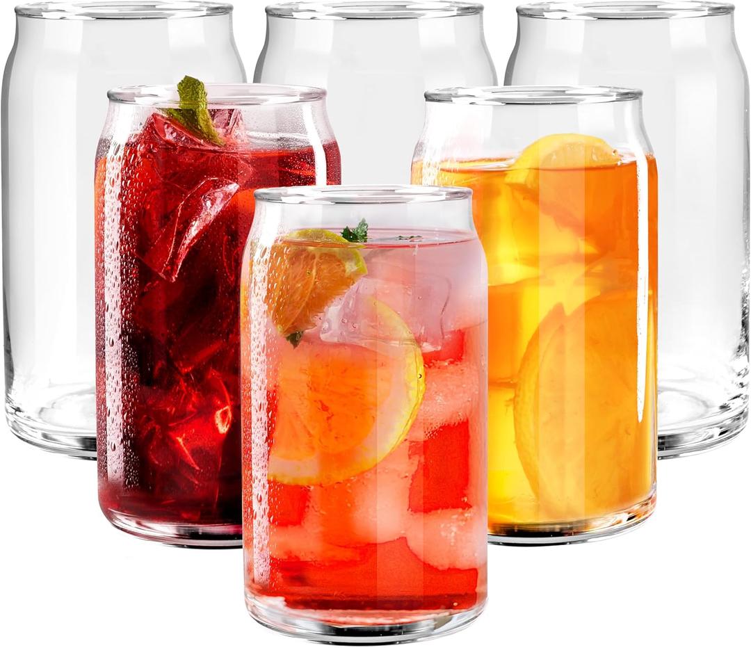 GLING [6 Pack - 16 oz.] Glass Can Shaped Cups Beer & Coffee Tumbler Glasses, Cordial Glasses, Cocktail Glasses