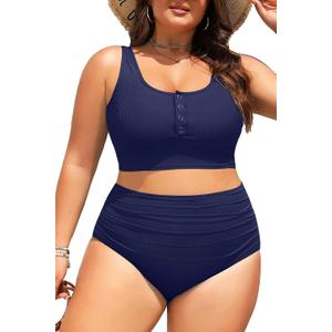 Yonique Plus Size 2 Piece Swimsuit - Womens High Waisted Bikini Tummy Control Bathing Suit Ribbed 2026 Swimwear, Size: 22W