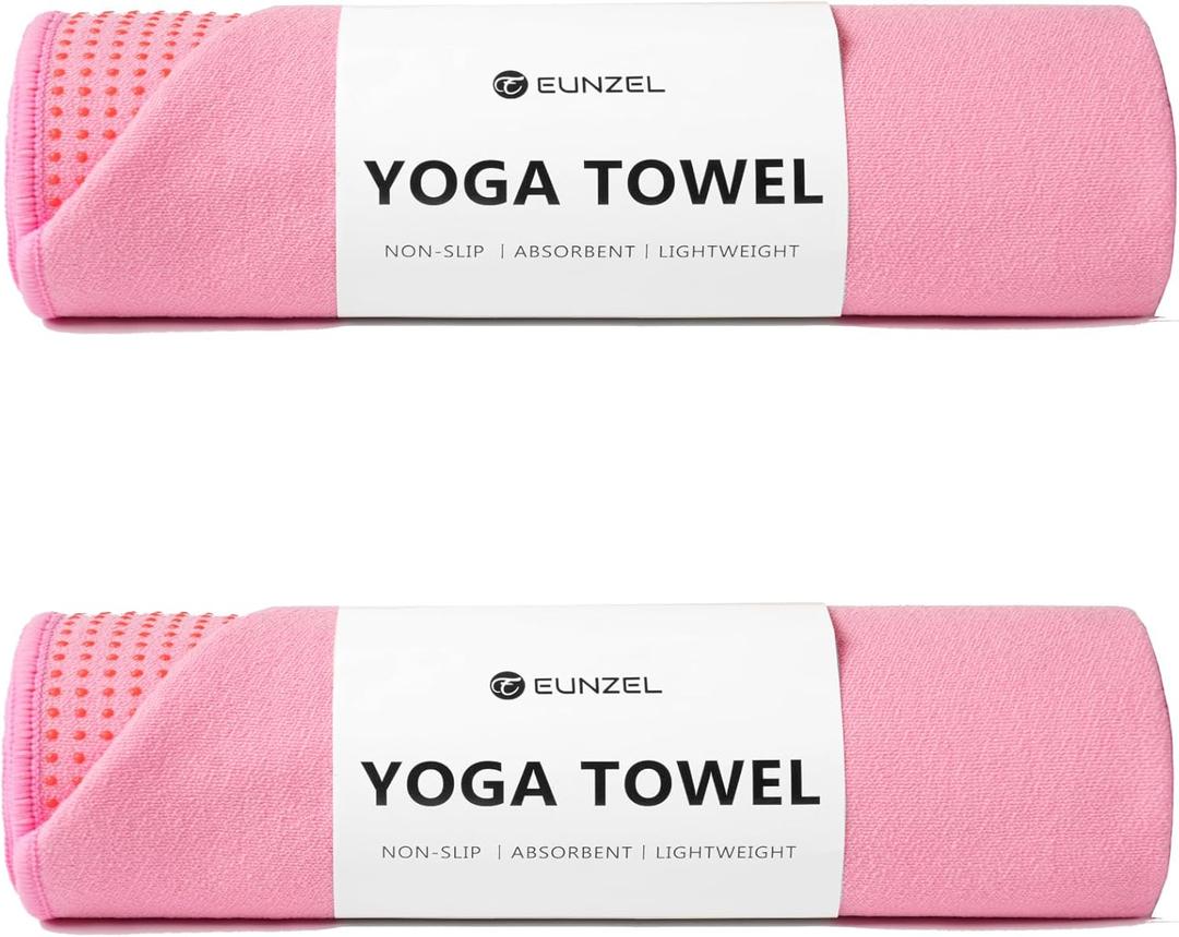 Eunzel 2 Pack Hot Yoga Towel with Grip Dot, Non Slip Yoga Mat Towe Sweat Absorbent Towel for Hot Yoga,Bikram, Pilates and Fitness 72" x 24", Pink
