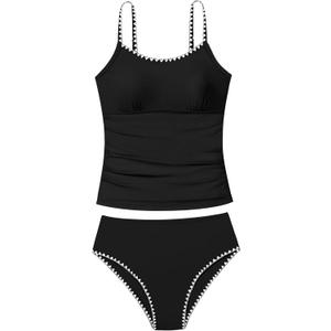Girls Swimsuit Solid Color Tankini Contrast Trim Swimwear 2 Piece Bathing Suit Padded Swimsuits for Teens (15-16 Years, Black)