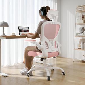 Office Chair Ergonomic Desk Chair, 330LBS Capacity, High Back Computer Chair for Long Hours Comfortable, Rolling Swivel Executive Task Chair for Home Office with Flip-up Armrests White /Pink