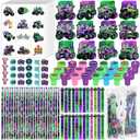 Cholemy 144 Pcs Monster Truck Party Favors Truck Party Supplies School Stationery Set Notebook Sticker Stamper Eraser Ruler Pencil Bag for Birthday Baby Shower Gifts Classroom Prize (Purple,Monster)