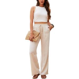 Beautiful Nomad Women's Linen Pants High Waisted Straight Pant Casual Flowy Wide Leg Drawstring Trousers with Pockets (Medium, Beige)