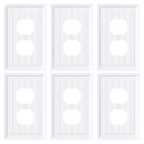 6-Pack Classic Beadboard Duplex Outlet Cover Plate, Decorative Switch Plates and Outlet Covers, Natural Bamboo Fiber Wall Plates for Electrical Outlets, 1 Gang Receptacle Cover,Pure White, 3 only