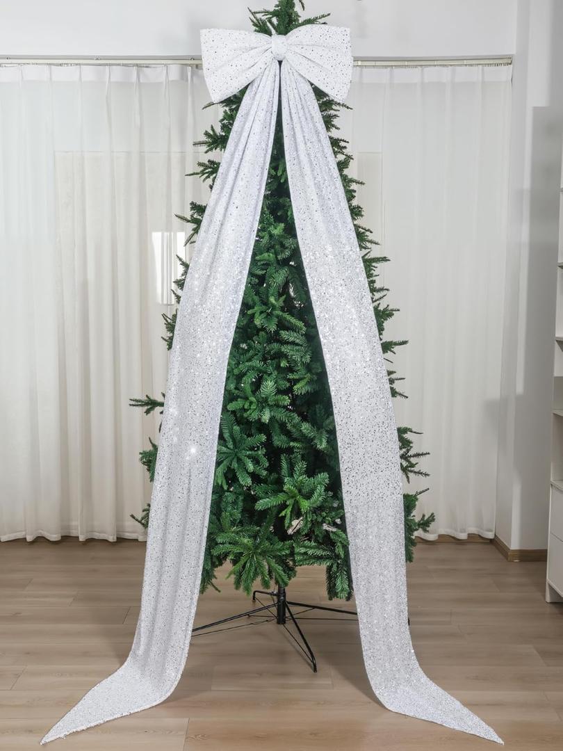 Knitgrip Big Bow Decor 118x28 Inch Velvet Sequin Bow for Wedding Wall Backdrop Extra Large Glitter Giant Tree Topper Huge Oversized Decoration for Room Front Door Party Backdrop Birthday(White)
