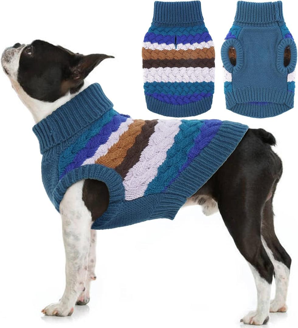 Kuoser Dog Sweater, Large Sweaters for Dogs Doggy Turtleneck Christmas Thanksgiving Outfit, Thick Warm Knitted Dog Winter Vest Puppy Fall Sweater, Pet Cold Weather Sweatshirt Warm Clothes, Blue L (Large (Chest: 18.9''; Weight: 13 - 16LB))