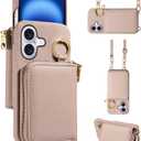 Wallet Case for iPhone 17 6.3 inch with Shoulder Strap Ring Buckle, PU Leather Zipper Flip Organ Purse, Credit Card Holder Stand Cell Phone Cover for i Phone17 i17 17Case Women Men Khaki