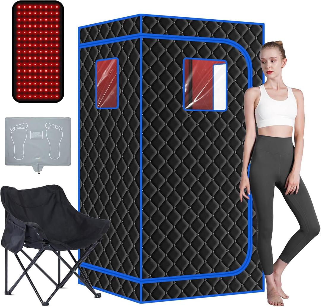 Portable Full Size Infrared Sauna for Home| One Person Spa Tent with Red Light| Personal Indoor Saunas with 660nm Red Light Therapy Lamp| Separate Heating Foot Pad and Reinforced Chair for Relaxation (Black Blue)