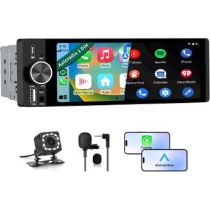 Single Din Car Stereo, 6.36 Inch CarPlay & Android Auto IPS Touchscreen Radio with Bluetooth with Backup Camera, Support USB Type-C Charging/USB/Microphone/FM/EQ