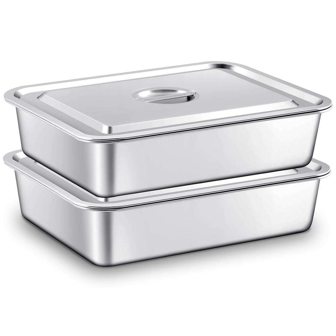 2 Pcs Stainless Steel Bus Tubs with Lid 13 L Commercial Tote Box 4" Deep Food Grade Meat Processing Tubs Lug Dishwashing Utility Prep Tub Table Pans, Silver (17.7 x 13.7 Inch)