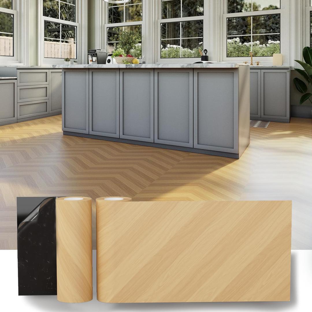 2 Rolls Cover 52 Sq.Ft Peel and Stick Vinyl Flooring Roll Tile 15.7 x 236, Self Adhesive Floor Wood Grain Linoleum Flooring Roll Tile DIY for Kitchen, Bathroom, Living Room, Orange Brown Herringbone