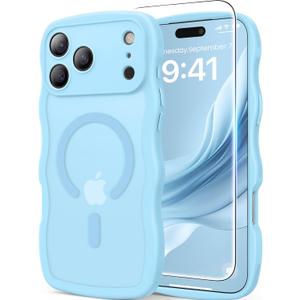 Magnetic for iPhone 17 Pro Max Case, 1X Screen Protector+1X Wrist Strap, Cute Wavy [Compatible with MagSafe][Full Camera Protection] Trendy Matte Women Girly Case for iPhone 17 Pro Max 6.9", Sky Blue