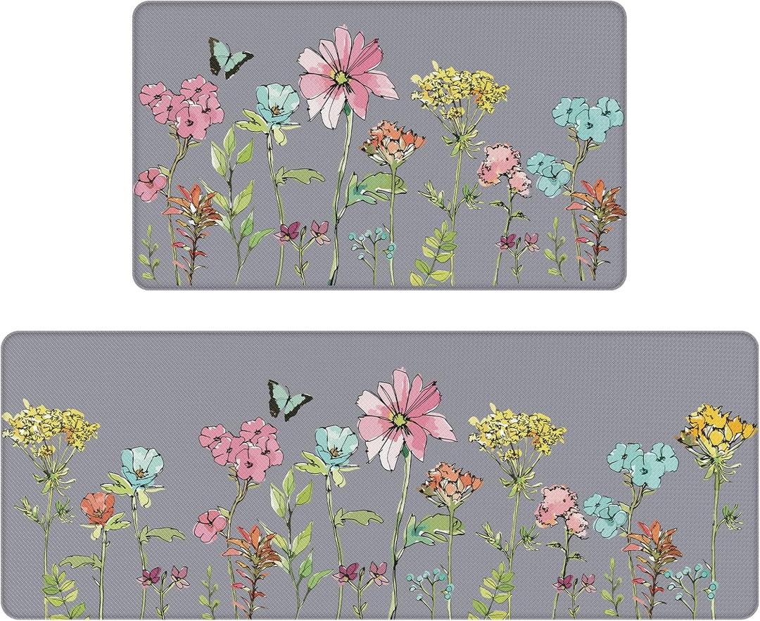 Colorful Flower Butterfly Kitchen Mats 2 Piece for Floor, Multi Colored Floral Kitchen Rugs Sets of 2, Non Slip Washable, 17"x47"+17"x29",Grey