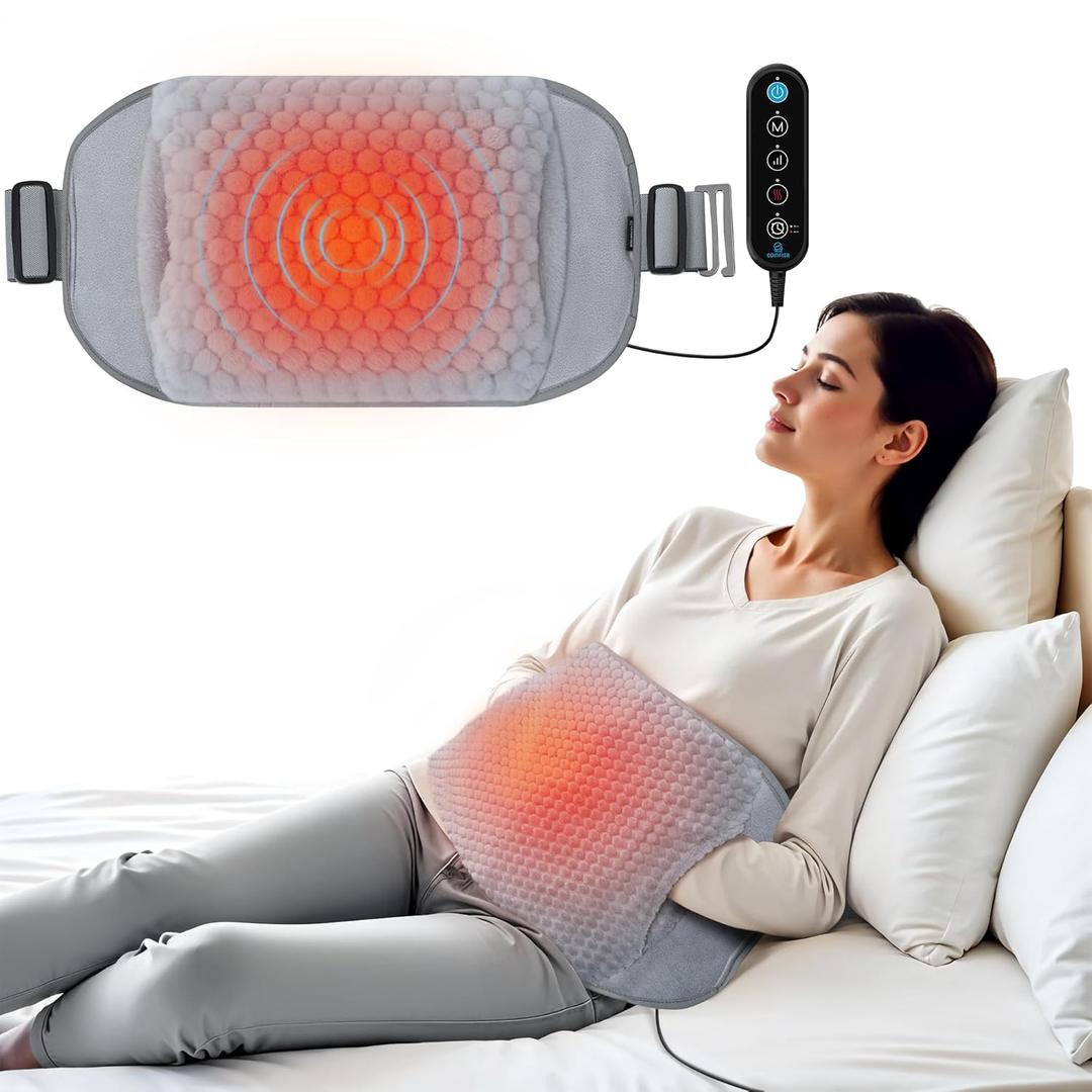 COMFIER Heating Pad with Massager for Back Pain,Extra Large Size Heating Pads for Cramps,Auto Shut Off, Corded Heated Waist Belt with 3 Vibration Modes, Mothers Day Gift, Grey