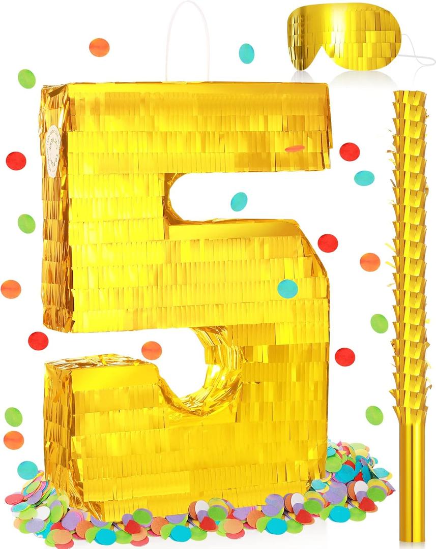 Sratte Piñata Birthday Party Decorations Gold Foil Piñata with Stick Blindfold Confetti for Boy Girl Birthday Anniversary Celebrations Fiesta Supplies(Number 5)
