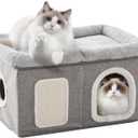 WINDRACING Cat Beds for Indoor Cats - Extra Wide Cat House for Pet and Foldable Cat Cave Bed with Scratch Pad, Cat Hideaway Condo for Kitten, 24.4x16.9x14.2 inches, Light Grey