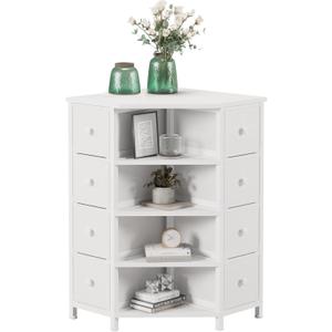 LUMTOK 8 Drawers Corner Dresser with Storage Fabric Drawers and Open Shelves for Small SpaceBedroomEntrywayLiving Room (White)