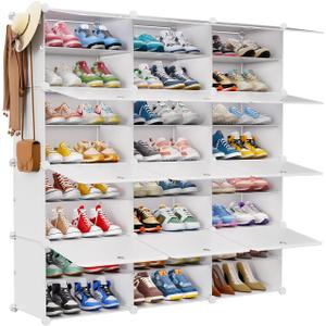 Simple Trending 8 Tier Shoe Storage 48 Pairs Shoe Rack with Door, Space Saving Shoe Cabinet with Hooks, Covers, White