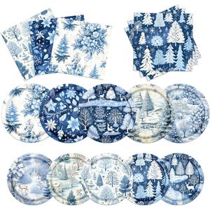 Blue Christmas Decorations Dinnerware Set 60pcs Christmas Plates and Napkins Winter Wonderland Xmas Tree Xmas Reindeer Disposable Tableware For Xmas Winter Holiday Party Supplies