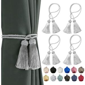 BEL AVENIR 4 Pack Curtain Handmade Tiebacks Decorative Curtain Holdbacks with Tassel (Silver, 4 Pack)