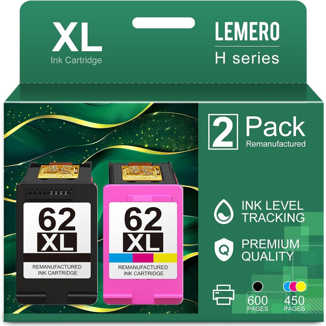 LEMERO Remanufactured 62XL Ink Cartridge Black Replacement for HP Ink 62 Works with HP Envy 5540 5640 5660 7640 7645 OfficeJet 200 250 5740 5746 8040 Series Printers (2-Pack)