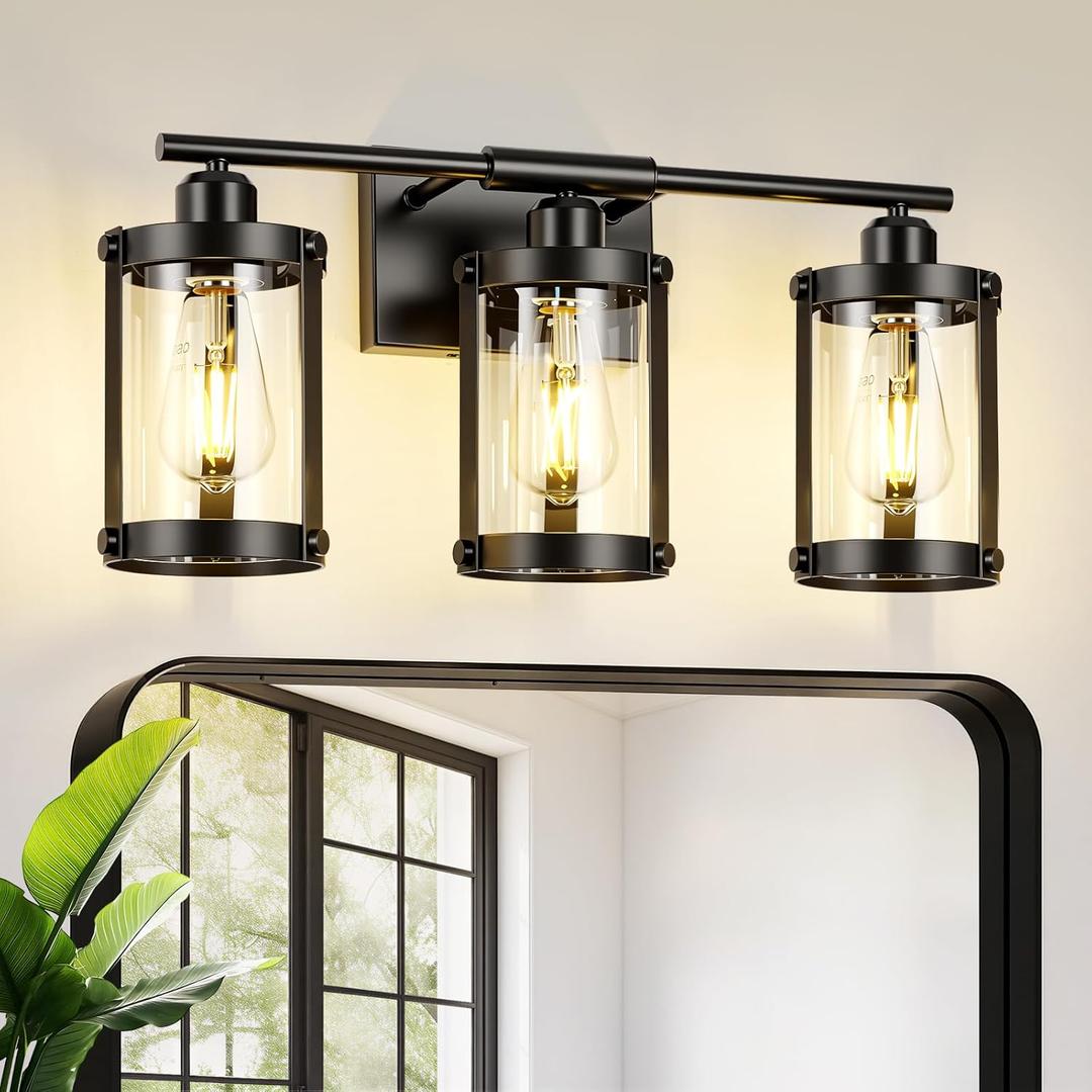 3-Light Black Bathroom Light Fixtures, 21 Inch Modern Bathroom Vanity Lighting Fixtures Over Mirror with Clear Glass and Metal Cage Wall Sconce Lights for Bath, E26, OS-3014BK-3W