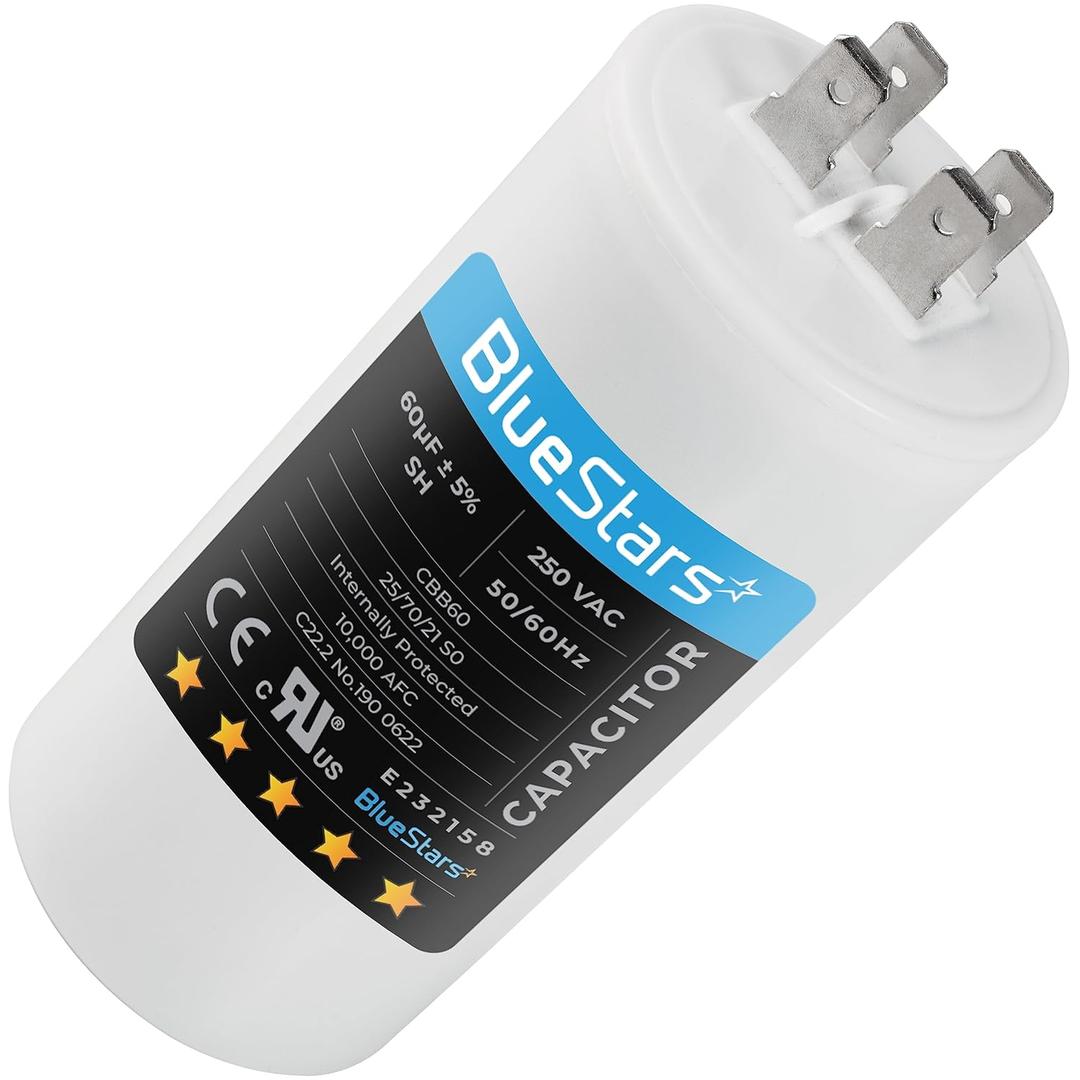 [UL Listed] BlueStars CBB60 60 uF MFD 5% 250 VAC Volt 50/60Hz AC Capacitor Round Run Start Capacitor with Screws 40/70/21 - Fit Air Conditioner Motor Run Condenser Straight Cool Heat Pump Pool Pump