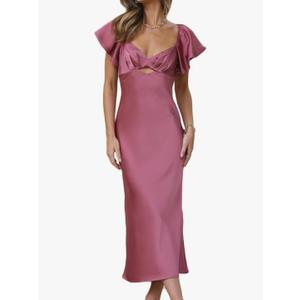 VUBIYA
Summer Satin Flutter Sleeve Wedding Guest Dresses for Women Sweetheart Neckline Cutout Tie Back Midi Cocktail Dress S