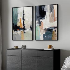 Large Framed Colorful Abstract Wall Art, Set of 2 Modern Canvas Prints Paintings Artwork for Walls, Bright Blue Green Multicolor Pictures for Living Room Hallway Dining Bedroom Wall Decor 20x30 In