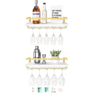 Mkono Wall Mounted Wine Rack Set of 2 White Wood Wine Bottle Glass Holder Floating Shelves with Stemware Hanger Modern Plants Photos Wine Display Storage Holder for Kitchen Dining Room Bar, 17 Inch
