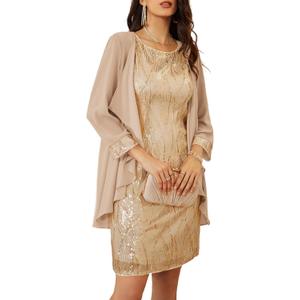GRACE KARIN Women's Sequin Dress Wedding Guest Dresses Mother of the Bride Dresses Formal Dress Two Piece Dress Knee Length (XX-Large, Champagne Gold)