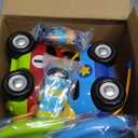 Prextex 2 Pack Cartoon Remote Control Cars for Toddlers - Police Car and Race Car with Steering Wheel Controllers and Lights - Different Frequencies So Both Can Race Together - Toddler Gift 18+ Months