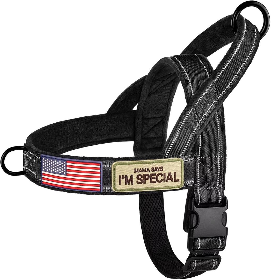Forestpaw No Pull Dog Harness with Large Handle,Slip on Reflective Vest with Quick Release Buckle,Comfortable Flannel Lining for Medium Large Dogs Walking Training (Includes 3 Patches), Black, L