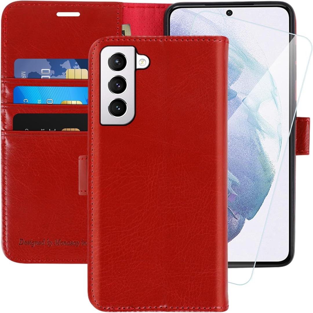 MONASAY Wallet Case Compatible for Galaxy S21+Plus 5G, 6.7 inch [Screen Protector Included][RFID Blocking] Flip Folio Leather Cell Phone Cover with Credit Card Holder, Red