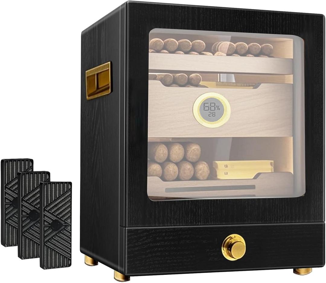  Humidor,Humidor  Cabinet,LED Humidifier with Hygrometer,Desktop Humidor Box with Drawer and 3 Humidifiers, Accessories for Men Father's Day Christmas Birthday Gift-Black