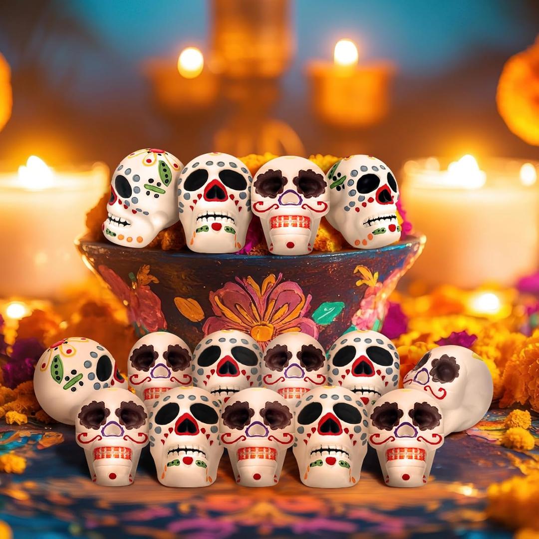 12 Pcs Miniature Day of The Dead Skulls Ofrenda Decorations Dia De Los Muertos Ofrendas Altar De Muertos Miniature Mexican Fiesta for Day of The Dead Halloween Altar Ofrenda Decor