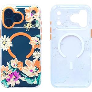 YeLoveHaw Clear Phone Case for iPhone 17 Pro [Compatible with MagSafe] Slim Magnetic Protective Cover with Floral Pattern & Silver Lines, Cute Aesthetic Flower Case for Women Girls  Orange Flowers